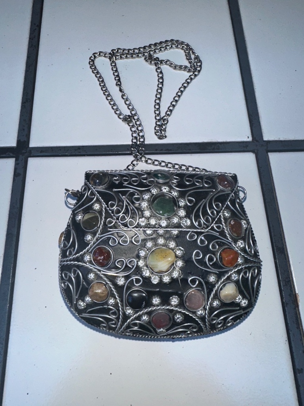 Vintage A' Sajai hammered Metal Purse ~ filigree details & Natural Agate